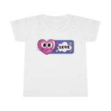 Love toddler t shirt that shows a happy heart and the word love in the color white