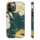 Loulii Blossom™ phone case that shows elegant flowers in yellow with a green background