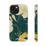 Loulii Blossom™ phone case that shows elegant flowers in yellow with a green background