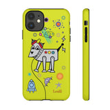 LouliiBot™ Space Friends phone case showing a cute robot dog in space in lime green