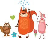 Close up of t-shirt art work that shows a cute beaver, squirrel and rabit surrounded by flowers and hearts