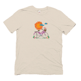 Bike ride organic t-shirt that shows a pink bike in front of a golden sun in the color sand