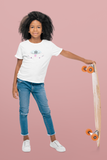 Girl with a white LouliiBot™ Robo Flying Saucer t-shirt holding a skate board