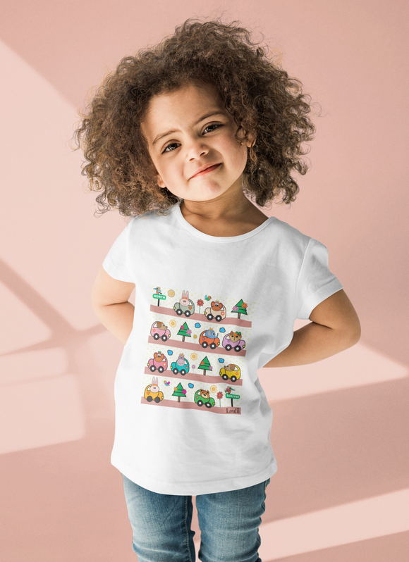 Little girl with a white cozy little beep t-shirt that has little cute animals driving cute cars