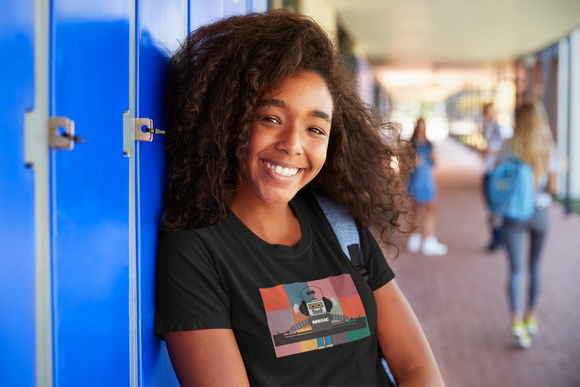 Girl leaning against blue lockers wearing a Louliibot DJ T-shirt in black, smiling