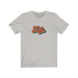 Funky Tee that shows a seventies funky orange red color print of the word Funky in the color ash