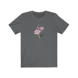 Elegance Tee that shows a pretty pink flower with the text “Elegance in Nature” in the color  asphalt