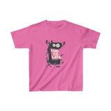 Tee shirt for kids with a cute monster that has his mouth open with the text chocolate in the middle in the color  pink