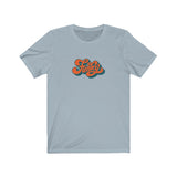 Funky Tee that shows a seventies funky orange red color print of the word Funky in the color light blue