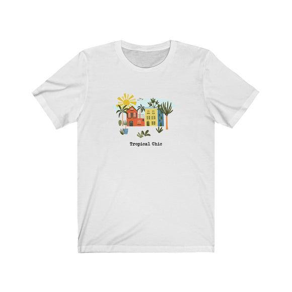 Loulii design tropical chic city artwork on a t-shirt that is white