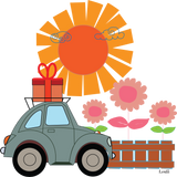 Close up of design of the Gifts Organic T-shirt that shows a cute green car in front of a big orange sun while carrying a gift box