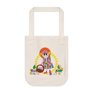 Missy Girl Organic Canvas Tote in natural color that shows a cute doll like girl picking flowers 