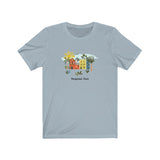 Loulii design tropical chic city artwork on a t-shirt that is light blue