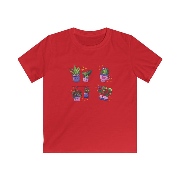 Happy Plants t-shirt that shows happy plants in pots in the color red