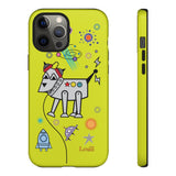 LouliiBot™ Space Friends phone case showing a cute robot dog in space in lime green 