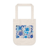 Azul Flowers Organic Canvas tote bag in natural color canvas with a print of blue azul style flowers