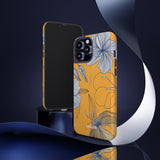 Loulii Blossom™ phone case that shows elegant flowers in white with a yellow background on a stand showing front and back