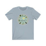 Loulii design tropical chic artwork on a t-shirt that is light blue