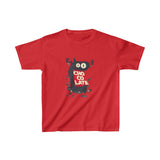 Tee shirt for kids with a cute monster that has his mouth open with the text chocolate in the middle in the color red