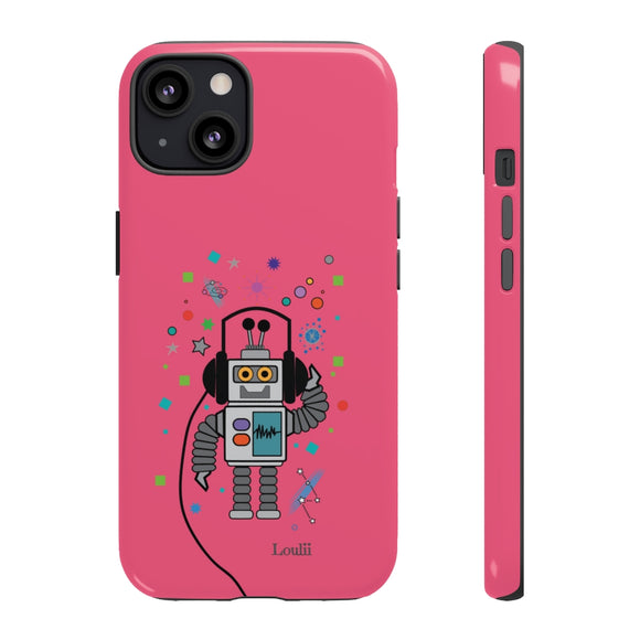 LouliiBot™ Space Friends cute robot with head phones phone case in pink