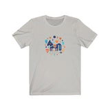 Folktale horse Unisex tee that has artwork of folkish horse surrounded by other folk items in the color silver