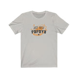 Papaya Unisex tee that has the artwork of a Papaya with the words Juicy Fresh Papaya in the color silver