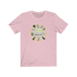Loulii design tropical chic artwork on a t-shirt that is pink