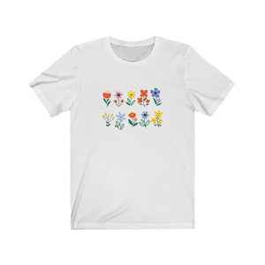 Garden Flowers Unisex s t-shirt that shows colorful flowers in the color white