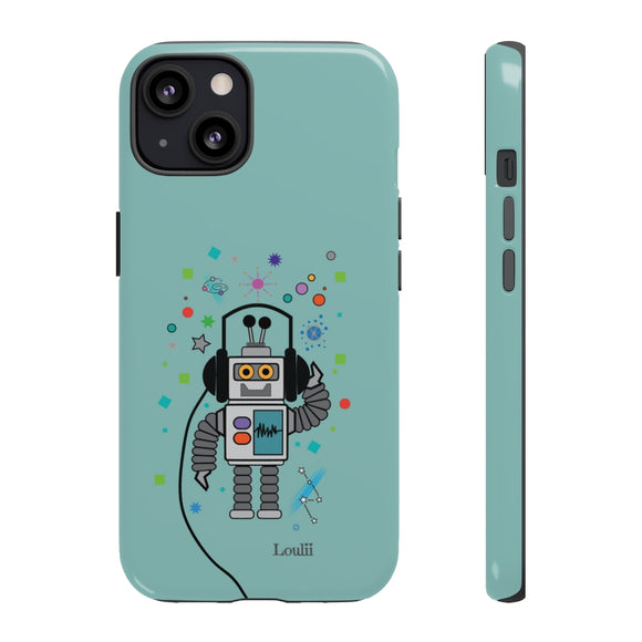 LouliiBot™ Space Friends cute robot with head phones phone case in turquise