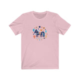 Folktale horse Unisex tee that has artwork of folkish horse surrounded by other folk items in the color light pink