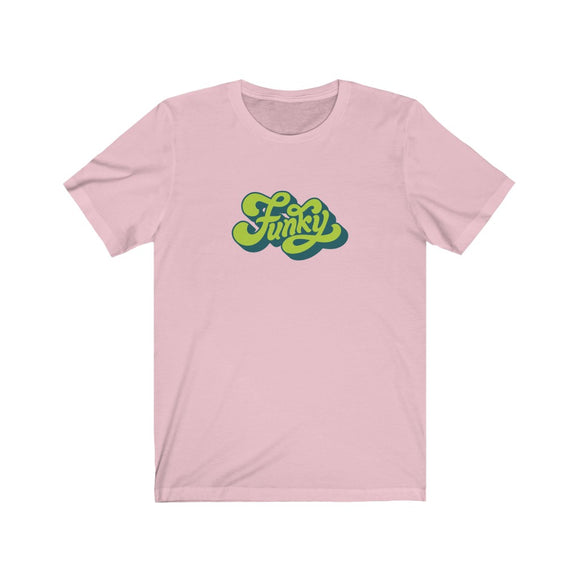 Funky Tee that shows a seventies funky green color print of the word Funky in the color green
