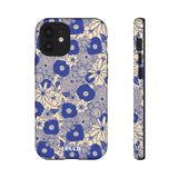 Loulii Blossom™ phone case that shows elegant flowers in blue and crème