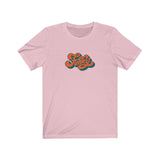 Funky Tee that shows a seventies funky orange red color print of the word Funky in the color pink