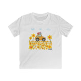 Traveling band t-shirt showing the pattern of a little cute yellow car in a field of cute flowers