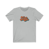 Funky Tee that shows a seventies funky orange red color print of the word Funky in the color silver