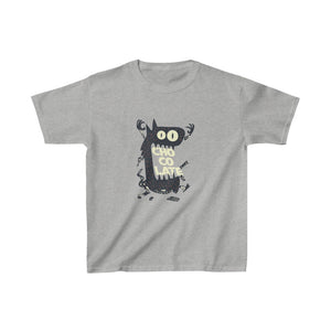 Tee shirt for kids with a cute monster that has his mouth open with the text chocolate in the middle in the color grey