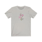 Elegance Tee that shows a pretty pink flower with the text “Elegance in Nature” in the color  silver
