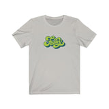 Funky Tee that shows a seventies funky green color print of the word Funky in the color silver