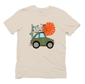 Adventure Awaits T-Shirt in sand color that has a print of a cute car with a bicycle on top with the sun in the background.