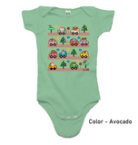 Avocado color cozy little beep onesie with cute animals driving cute vehicles