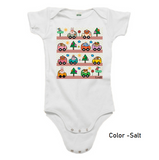White (Salt) color cozy little beep onesie with cute animals driving cute vehicles