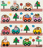Close up of  color cozy little beep pattern with cute animals driving cute vehicles