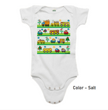 White (Salt) color cozy little beep onesie with cute animals driving cute vehicles