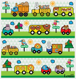 Close up of cozie little beep print with little cute animals driving cute toy vechiles