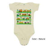 Natural color cozy little beep onesie with cute animals driving cute vehicles