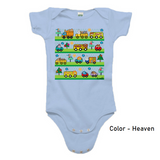 Blue (Heaven) color cozy little beep onesie with cute animals driving cute vehicles