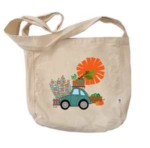 Farmer's Market Organic Tote in natural showing a cute car with produce on top in front of the sun