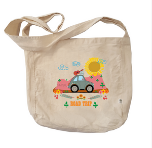 Road Trip Organic Tote in natural color that shows a cute car on a road trip in the desert