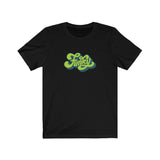 Funky Tee that shows a seventies funky green color print of the word Funky in the color black