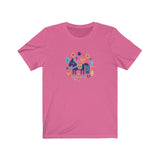 Folktale horse Unisex tee that has artwork of folkish horse surrounded by other folk items in the color pink
